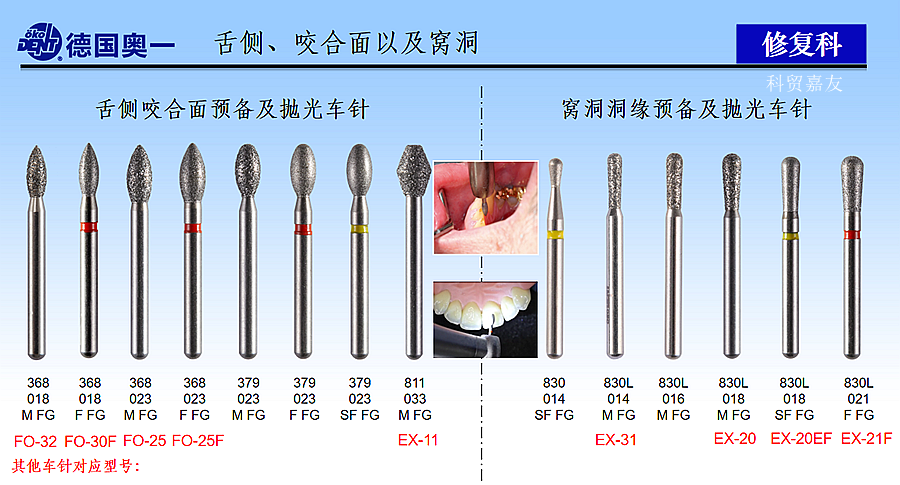 德國(guó)奧一修復(fù)車針舌側(cè)、咬合面、窩洞